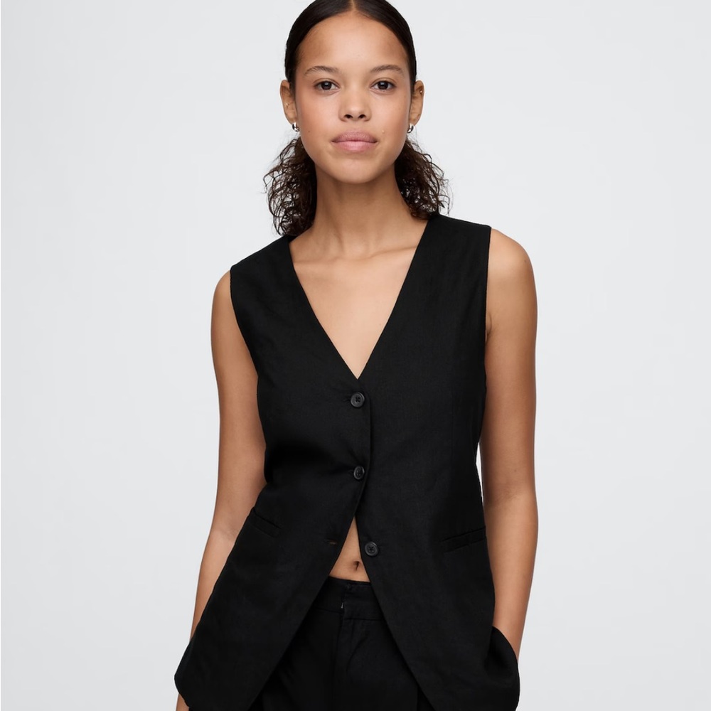 GAP Linen-Blend Longline Vest – Black, Size XL